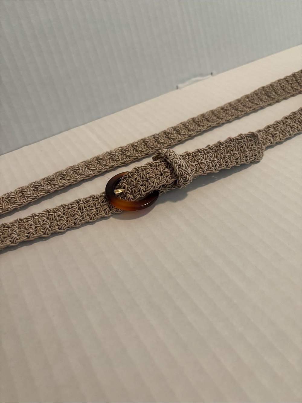 Woven Beige Women's Waist Belt with Tortoise Ring